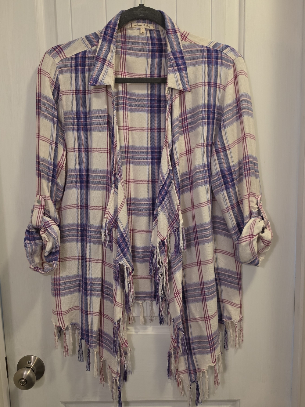 Willow & Clay White Plaid Fringed Open-Front Shirt Jacket